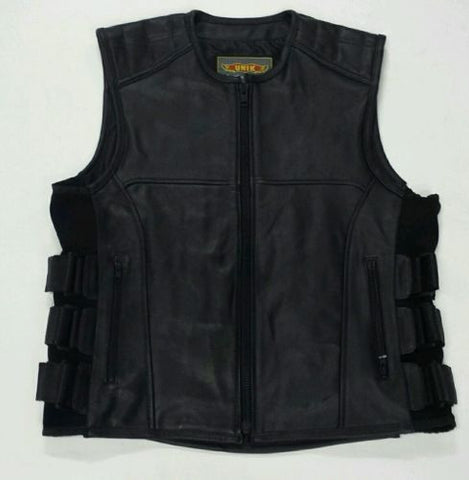 MEN'S BIKER SWAT UPDATED TEAM STYLE LEATHER BIKER VEST WITH SINGLE PANEL BACK