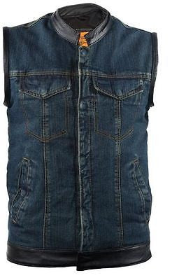 MEN'S SON OF ANARCHY BLUE TEXTILE MOTORCYCLE VEST W/LEATHER TRIM TWO GUN POCKETS