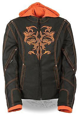 WOMEN'S MOTORCYCLE RIDING BLK/ORANGE TEXTILE JACKET W/REFLECTIVE TRIBAL DETAIL
