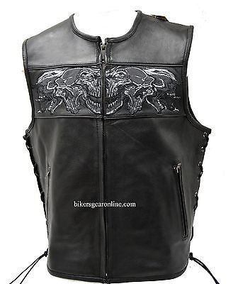 MEN'S SKULL LEATHER VEST WITH REFLECTIVE FEATURE W/2GUN POCKETS & SIDE LACES