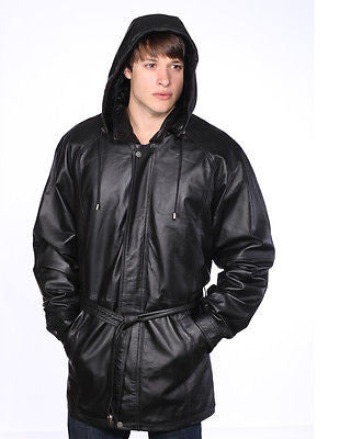 MEN'S LONG 3/4 PARKA MID-LENGHT HOODED PREMIUM NAPPA LEATHER JACKET BLACK
