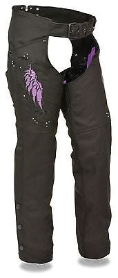 Motorcycle women's light weight purple textile chap with wing and rivet detailing