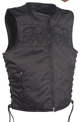 MEN'S MOTORCYCLE SKULL TEXTLE VEST W/2GUN POCKETS & SIDE LACES WITH LEATHER TRIM