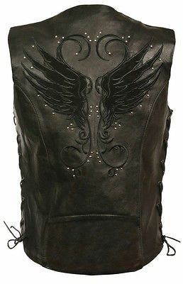 WOMEN'S MOTORCYCLE BLACK LEATHER VEST W/ STUD & WINGS DETAILING 2GUNPOCKETS SEXY