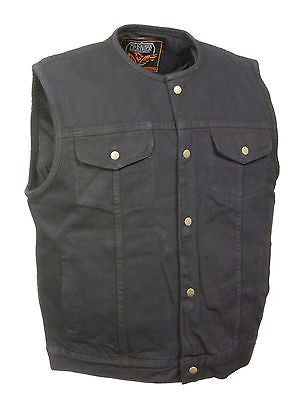 MEN'S SON OF ANARCHY BLACK DENIM COLLARLESS MOTORCYCLE VEST 1 GUN POCKET INSIDE
