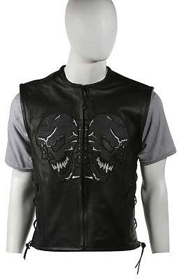 MEN'S SIDE LACE SKULL LEATHER VEST WITH REFLECTIVE FEATURE COW NAKED NEW