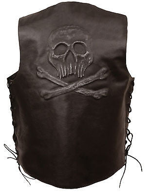 Men's Motorcycle Retro Brn Skull & Cross Bones embossed back leather vest