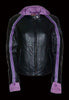 WOMEN'S STRIPED MOTORCYCLE SCOOTER LEATHER JACKET W/ REMOVABLE HOODIE BLK PURPLE
