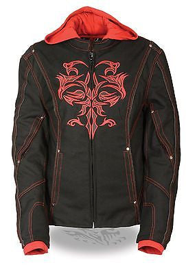 WOMEN'S MOTORCYCLE RIDING BLK/RED TEXTILE JACKET W/REFLECTIVE TRIBAL DETAIL