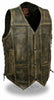 Men's 10 Pocket Distressed Retro Brn Leather vest with 2 Gun pockets inside
