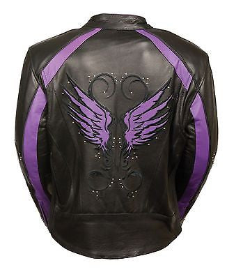 WOMEN'S MOTORCYCLE RIDING PURPLE LEATHER JACKET W/WINGS AT BACK & 2 GUNPOCKETS
