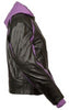 WOMEN'S STRIPED MOTORCYCLE SCOOTER LEATHER JACKET W/ REMOVABLE HOODIE BLK PURPLE