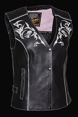 WOMEN'S MOTORCYCLE RIDING PINK LEATHER VEST W/REFLECTIVE TRIBAL DESIGN & PIPING