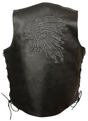 Men's Motorcycle Side Lace Indian Head embossed back blk leather vest