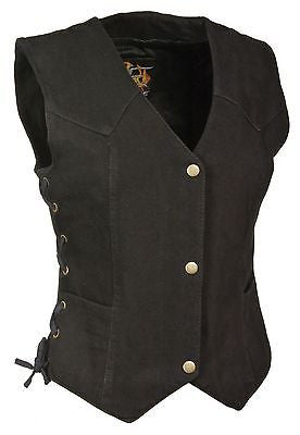 MOTORCYCLE LADIES BLK DENIM OPEN NECK VEST W/4 SNAP BUTTONS W/SIDE LACES