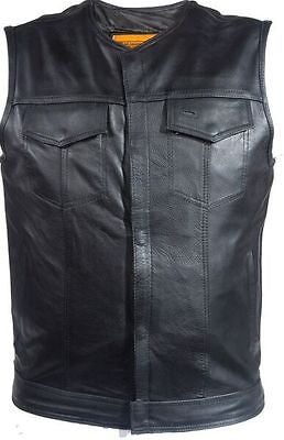 Men's Motorcycle Son Of Anarcy Leather Collarless vest with 2 Gun pockets inside
