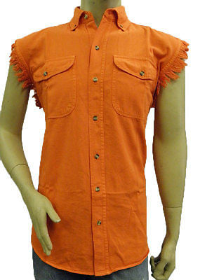 Men's Motorcycle Orange Cotton Cut off Frayed Sleeves Shirt