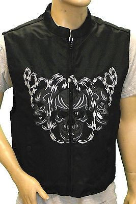 MEN'S MOTORCYCLE BLACK TEXTILE SKULL EMBROIDERED VEST REFLECTIVE SKULL IN NIGHT