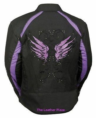 WOMEN'S MOTORCYCLE RIDING PURPLE TEXTILE JACKET W/ STUD & WINGS DETAILING