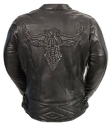 WOMEN'S MOTORCYCLE RIDING BLK LEATHER JACKET WITH PHOENIX STUDDING EMBROIDERY