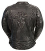 WOMEN'S MOTORCYCLE RIDING BLK LEATHER JACKET WITH PHOENIX STUDDING EMBROIDERY