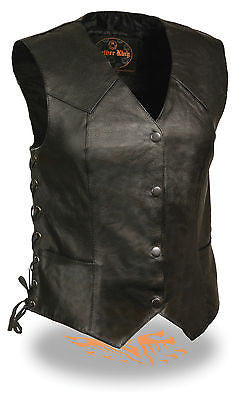 WOMEN'S MOTORCYCLE CLASSIC BIKER VEST W/4 SNAP BUTTONS & SIDE LACES 2 GUN POCKET