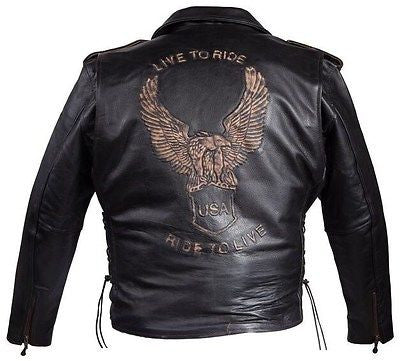 Men's Motorcycle Side lace police style leather jacket Live to ride embossed back