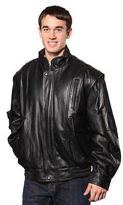 MEN'S BOMBER LEATHER JACKET WITH FUR ZIPOUT LINNING INSIDE COWHIDE LEATHER BLACK