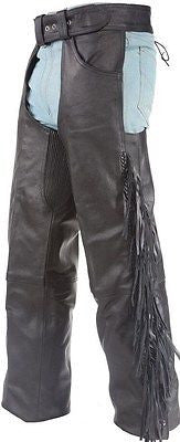 MEN'S MOTORCYCLE REMOVABLE LINER PANT BLK BRAIDED WITH FRINGES LEATHER CHAP 