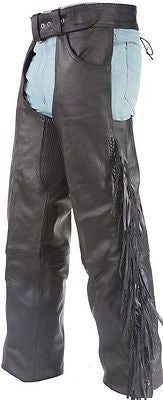 MEN'S MOTORCYCLE REMOVABLE LINER PANT BLK BRAIDED WITH FRINGES LEATHER CHAP