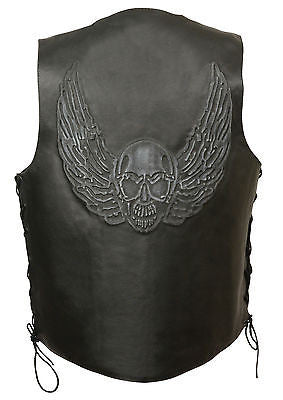 Men's Motorcycle Side Lace Blk leather vest with Skull & Wings back embossed