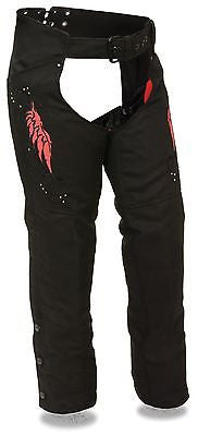 Motorcycle women's light weight reflective red wing and rivet detailing chap