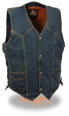 Men's Blue Plain Denim Vest with side laces & 2 Gun pockets inside 