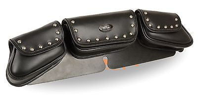 MOTORCYCLE MOTORBIKE LARGE TRIPLE POCKET STUDDED PVC WINDSHIELD MOUNT BAG