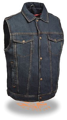 MEN'S SNAP FRONT W/SHIRT COLLAR BLUE DENIM MOTORCYCLE VEST 2 GUN POCKET INSIDE