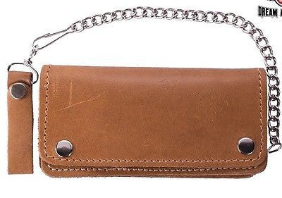 MEN'S MOTORCYCLE TAN/BROWN BIKER BIFOLD LEATHER SILVER CHAIN WALLET NEW