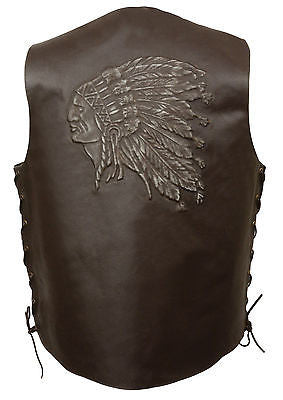 Men's Motorcycle Brn Side Lace leather vest with Indian Head Back