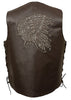 Men's Motorcycle Brn Side Lace leather vest with Indian Head Back