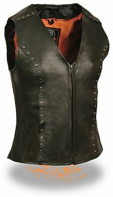 WOMEN'S MOTORCYCLE SEXY RIDING BLACK LEATHER VEST W/ STUDS AND CENTER ZIPPER