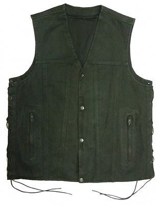 MEN'S MOTORBIKE SIDE LACE BLK DENIM CLUB VEST W/4 SNAP BUTTONS & 2 GUN POCKETS 