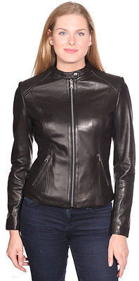 WOMEN'S GENUINE LEATHER JACKET W/CHINESE COLLAR BUTTER SOFT WITH FRONT ZIPPER