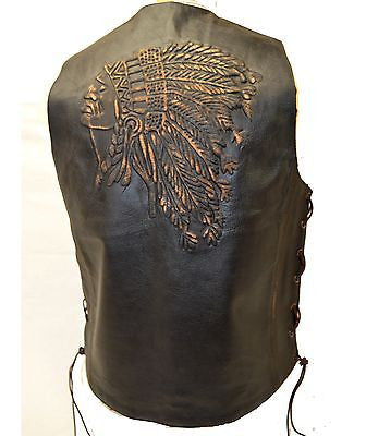 MEN'S MOTORCYCLE SIDE LACE RETRO BRN NATIVE AMERICAN EMBOSSED SINGLE PANEL