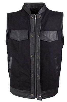 MEN'S SON OF ANARCHY TEXTILE MOTORCYCLE VEST WITH LEATHER TRIM TWO GUN POCKETS