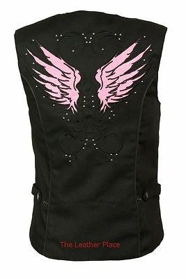 WOMEN'S MOTORCYCLE RIDING PINK TEXTILE VEST W/ STUD & WINGS DETAILING 