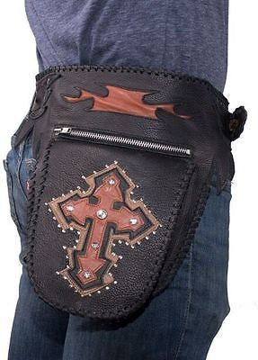 MOTORCYLE RIDING GENUINE LEATHER WAIST BAG WITH LEATHER CROSS BLING & STUDS