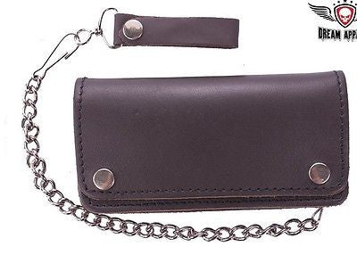 MEN'S MOTORCYCLE BROWN BIKER BIFOLD LEATHER SILVER CHAIN WALLET NEW