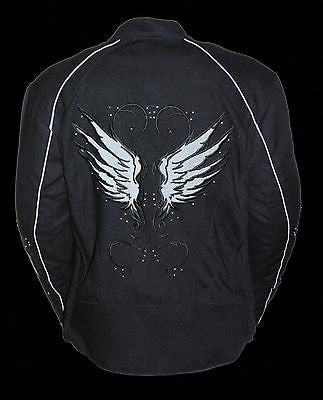WOMEN'S MOTORCYCLE BLK TEXTILE JACKET W/ STUD & WINGS DETAILING W/2GUNPOCKETS