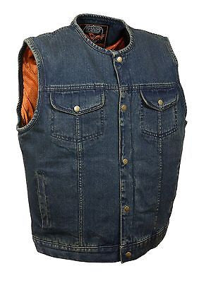 MEN'S SON OF ANARCHY BLUE DENIM COLLARLESS MOTORCYCLE VEST 1 GUN POCKET INSIDE