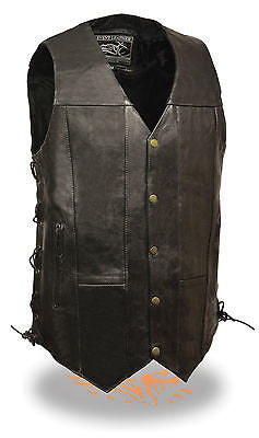 Men's Motorcycle Blk 10 Pocket Tall Extra 3" Long leather vest with 2 gun pockets