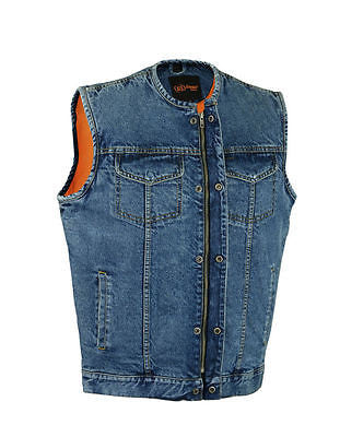 MEN'S SON OF ANARCHY BLUE DENIM COLLARLESS VEST 2 GUN POCKETS W/HOLSTERS ZIPPER